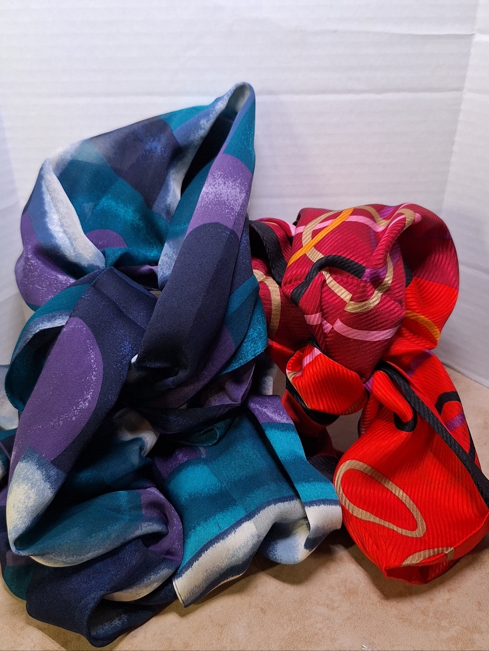 Harve Benard Red Circle Design Silk Scarf & Blue Purple Sheer Geometric Print